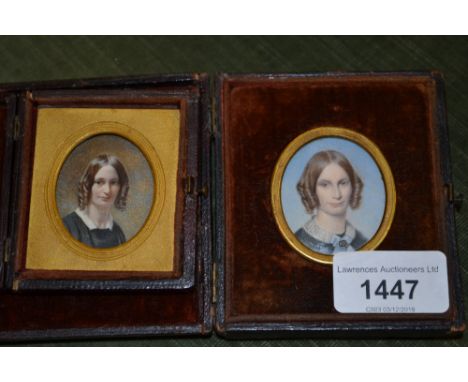 19th Century watercolour portrait miniature of Mrs George Elgar Hicks, in a leather travelling case, 45mm x 35mm approximatel