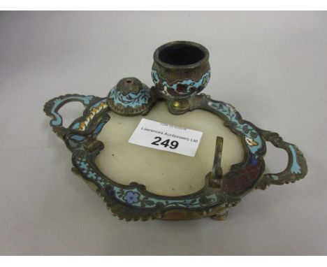 Small gilt brass and champleve enamel inkstand 