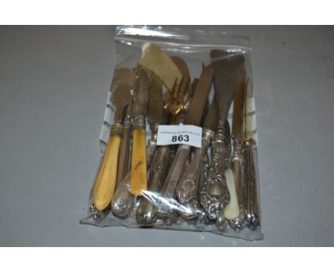Twenty various part silver butter knives, dessert knives, Christening items, button hook, shoe horn etc 