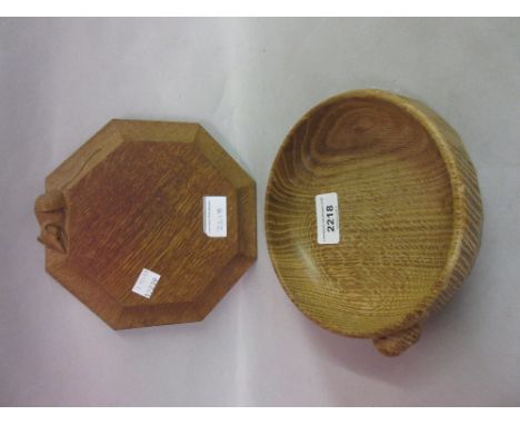 Robert Mouseman Thompson, small oak circular bowl and octagonal cheese board with carved mouse signature (modern)Bowl is 6.25