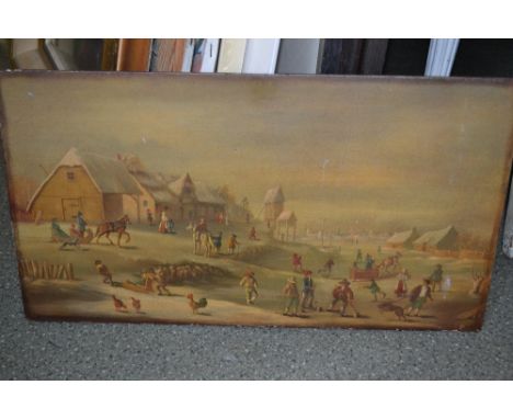19th Century oil on panel of a Dutch winter village scene with frozen waterway and figures, indistinctly signed, unframed, 10
