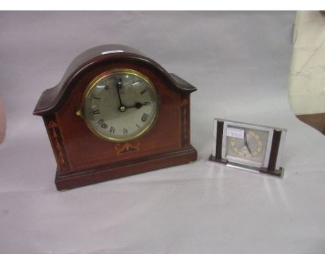 Edwardian mahogany marquetry inlaid mantel clock with silvered dial and two train movement, together with an Art Deco 'Jazz' 