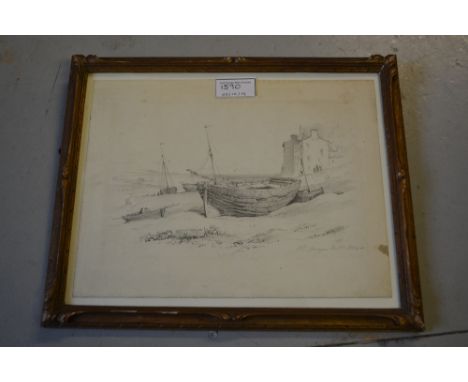 Early 19th Century pencil sketch of a beached boat with figures and a framed engraving of Bristol harbour 