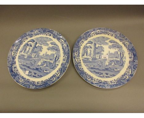 Pair of Copeland Spode blue and white Italian pattern circular pottery wall chargers 