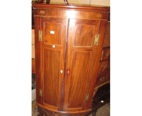 George III mahogany and inlaid bow front hanging corner cabinet 