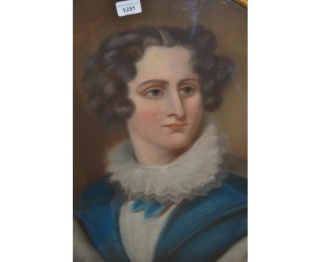 19th Century pastel portrait of a lady wearing a ruff collar, blue tunic and ermine in an oval gilt frame, 27ins x 24ins 