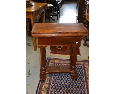 Small mahogany and inlaid fold-over card table on fluted turned supports (alterations) together with a small mahogany bow fro