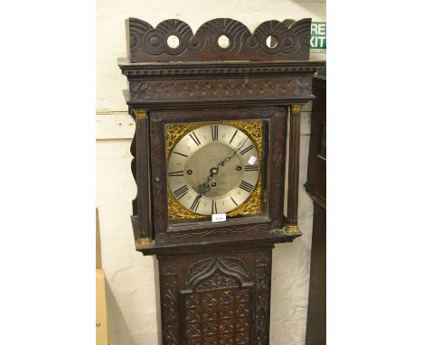 19th Century oak longcase clock having brass and silvered dial with three train weight driven movement striking and chiming o