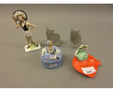 Porcelain bathing girl figure, porcelain lady trinket box, Skegness tray and a pair of glass figures of cats 