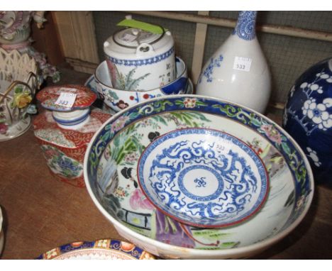 20th Century Chinese polychrome enamel decorated bowl, a Japanese blue and white bottle vase, pair of Imari red and blue deco