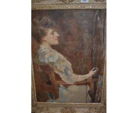 Modern British school, oil sketch on canvas with marking outlines still visible, portrait of a lady seated in an open armchai