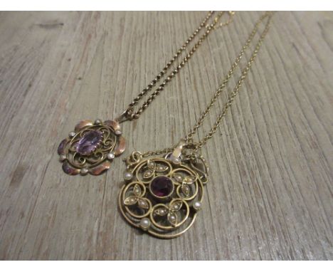 Circular 15ct gold pendant set amethyst and seed pearls on a gold plated chain together with a similar 9ct gold pendant on a 