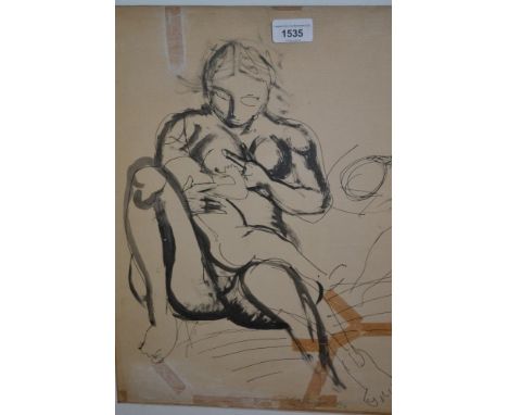 Renato Guttuso, ink sketch of a mother feeding a child, seated (at fault), signed in pencil and dated '54 (tears and repairs)