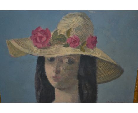 Reginald Brill, oil on board, portrait of a girl wearing a straw hat, decorated with pink roses, 9.75ins x 12.5ins, signed, e