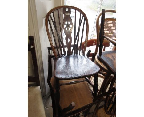 Pair of late 19th / early 20th Century wheel and stick back kitchen chairs with elm seats and turned supports and a mahogany 