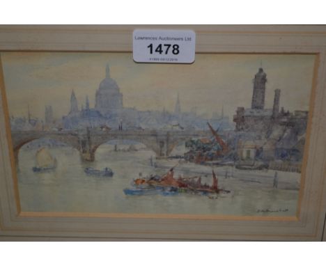 Herbert Menzies Marshall, watercolour, view in the Pool of London with distant view of St. Pauls, signed H.M. Marshall, 4.75i