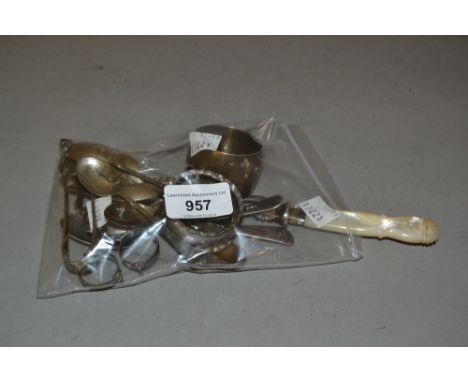 Small quantity of various silver tea and coffee spoons, two napkin rings, mother of pearl handled serving fork and pair of 18