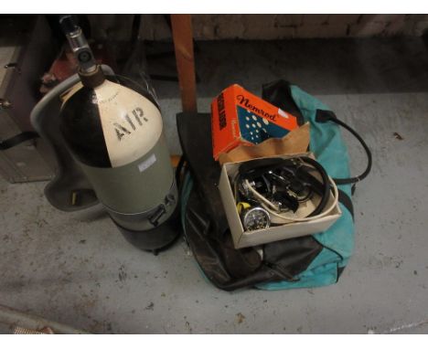 Late 1960's / early '70's scuba diving air tank with harness, boxed regulator, compass, pressure gauge, fins etc 