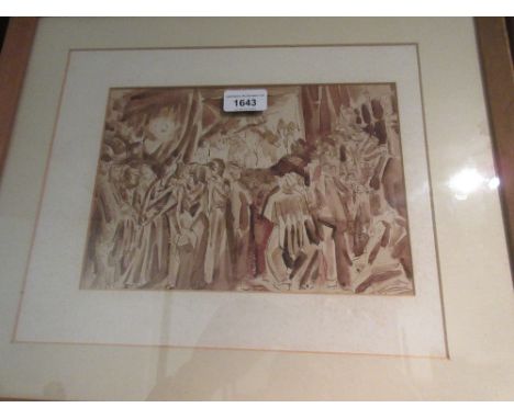 19th Century monochrome watercolour, interior scene with a large group of figures, watercolour, view of a gate and trees and 