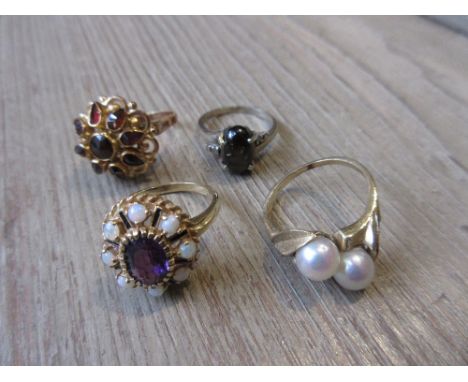 14ct Gold dress ring set amethyst and opals together with three other 14ct gold dress rings 