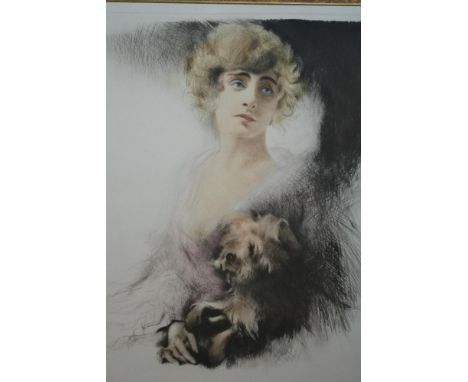 Carl Josef Bauer, signed etching, portrait of a lady holding her dog, 16ins x 13ins, gilt framed 