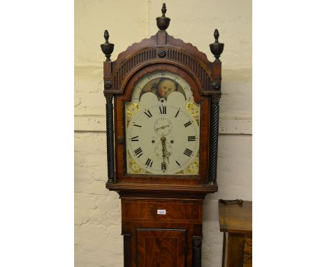 Early 19th Century mahogany and line inlaid longcase clock, the painted dial with moon phase arch, subsidiary seconds and cal