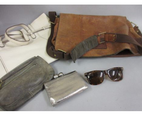 Pair of vintage Ray Ban Wayfarer sunglasses, ladies leather shoulder bag, another handbag and two purses 