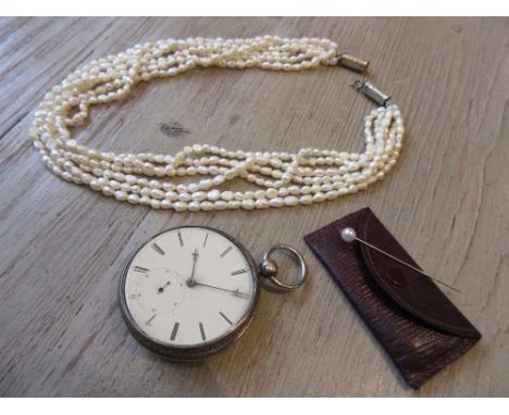 Silver cased open face pocket watch (at fault), seed pearl necklace and two stick pins 