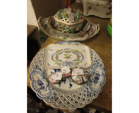 Two Meissen blue and white plates with pierced borders, two modern Dresden floral decorated dishes with pierced borders and e