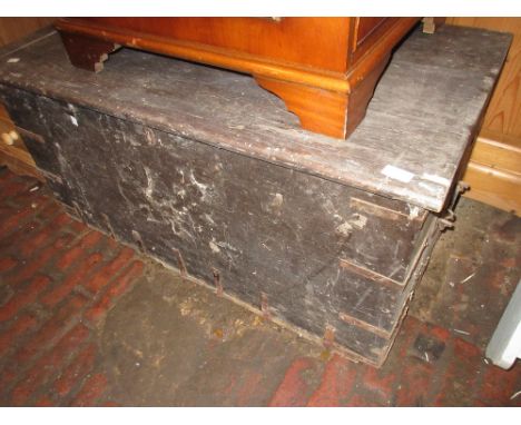 19th Century metal bound trunk and a circular occasional table on bobbin legs 