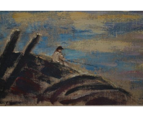 Oil sketch on canvas laid on board, study of a boy fishing from a barge, signed ' Apperley ', 6.5ins x 9.5ins 