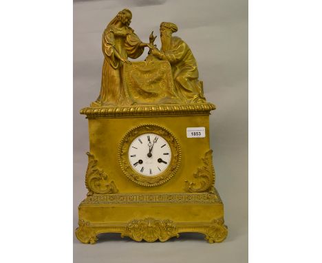 19th Century French ormolu mantel clock, the rectangular case surmounted by figures of a lady and gentleman, the enamel dial 