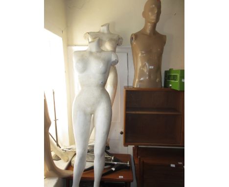 Group of five various 20th Century male and female mannequins, female torso mannequin and another black cloth covered mannequ