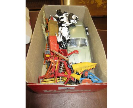 Quantity of Dinky, Corgi and Britains die-cast metal farm vehicles, together with a quantity of Britains plastic cow figures 