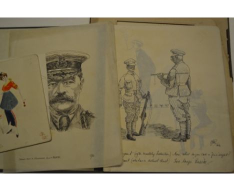 Sketch book containing a large quantity of pen and ink World War I related sketches together with various other watercolours,