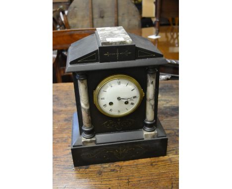 19th Century black slate and marble mantel clock, the enamel circular dial with Roman numerals and two train movement strikin