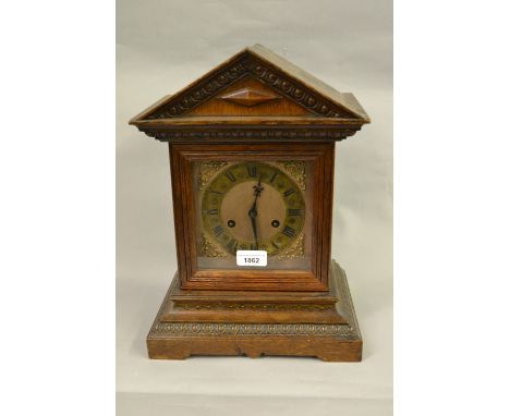 Late 19th / early 20th Century German oak two train mantel clock 