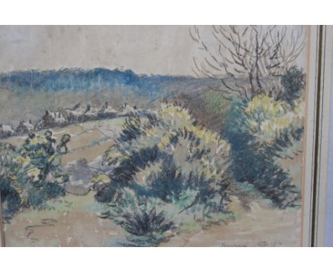 Lucien Pissarro, watercolour, ' Farnham ', a landscape with gorse bushes to the foreground and cottages beyond, inscribed Far