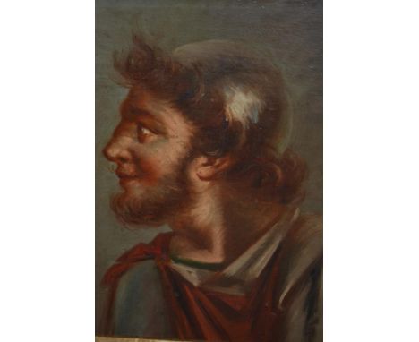 19th Century oak framed oil on card, head and shoulder portrait of a Roman, 10.5ins x 9ins 