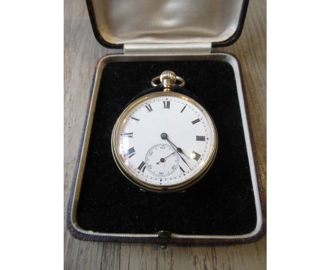 Early 20th Century 9ct gold cased crown wind open face pocket watch, the enamel dial with Roman numerals and subsidiary secon
