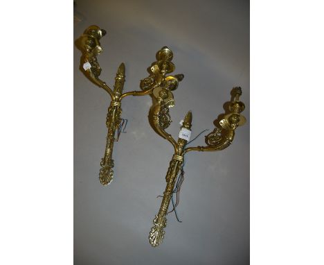 Pair of Regency style brass twin light wall sconces 