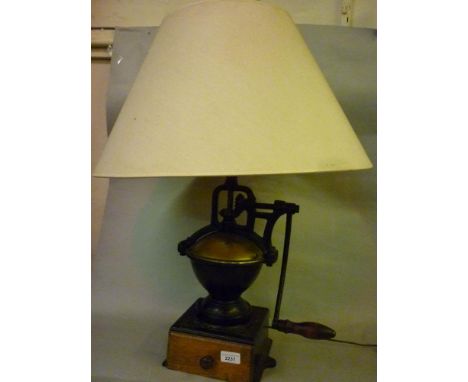 Large 19th Century French cast iron and wooden coffee grinder converted to a table lamp 