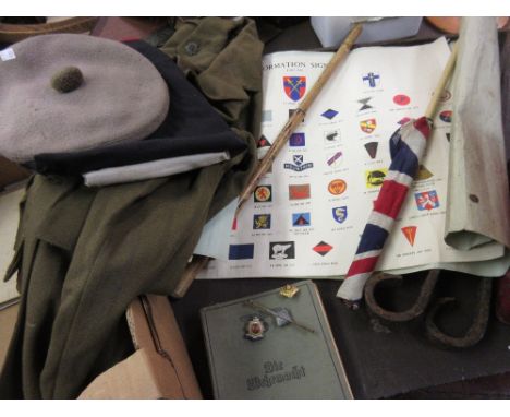 World War II Royal Army Service Corps jacket, beret, swagger stick, Great Britain flag, World War II German flag with Third R