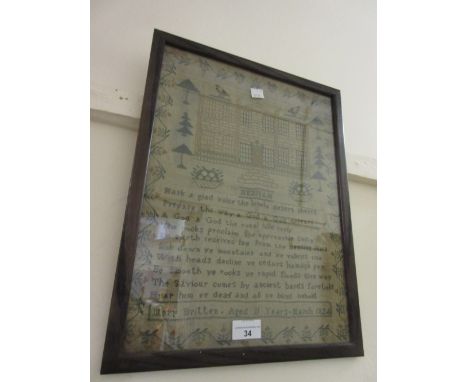 19th Century pictorial and motto sampler worked by Mary Britten, aged 11 (with damages), 16ins x 12ins, framedSome discolouri