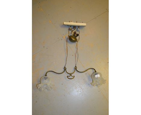 Early 20th Century brass two branch rise and fall light fitting having Vaseline glass shadesBoth shades are in good condition