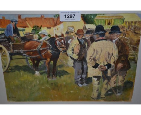 R. Mann, mixed media, figures at a horse fair, signed R. Mann, 7.75ins x 10.5ins, framed 