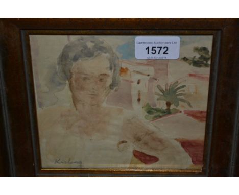 Watercolour, portrait of a young lady with Continental town to background, signed Kisling , 6ins x 6ins 