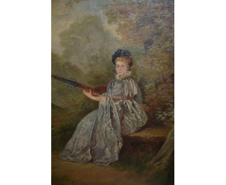 19th Century oil, portrait of a seated lady playing the lute, 18ins x 12ins 