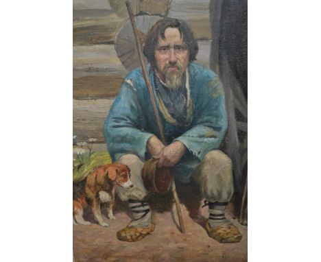Russian School oil on canvas, portrait of a seated gentleman with his dog, inscribed verso, 19ins x 13ins 
