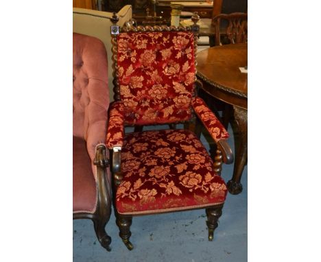 Victorian rosewood open armchair, the button upholstered back with barley twist frame above padded arms, overstuffed seat and